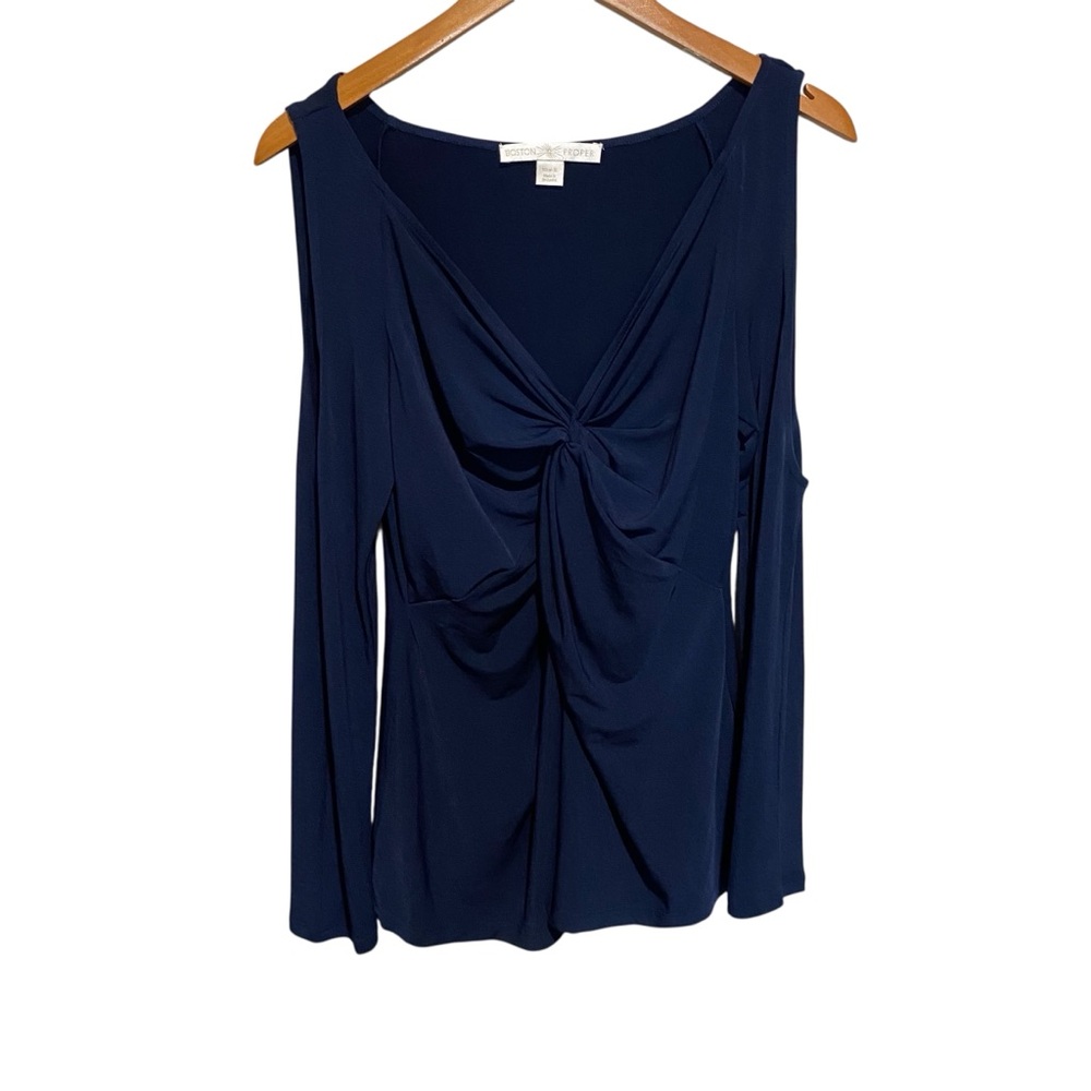 Boston Proper Women's Deep Blue Twist Front Cold Shoulder V-Neck Blouse Size S